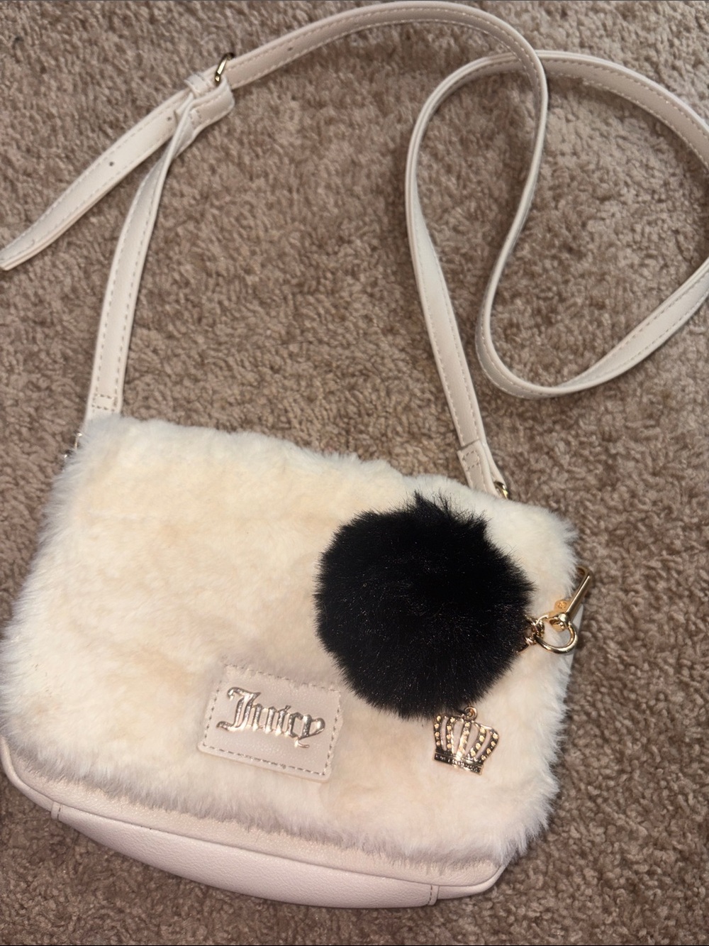 Juicy Couture Cream Faux-Fur Crossbody with Black Pom and Gold Crown Charm
